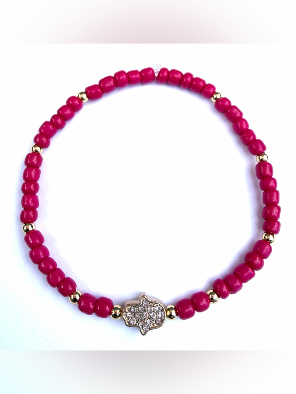 5 of Gold Metal Hamsa Evil Eye Good Luck Charm Fushia Seed Beaded Bracelets